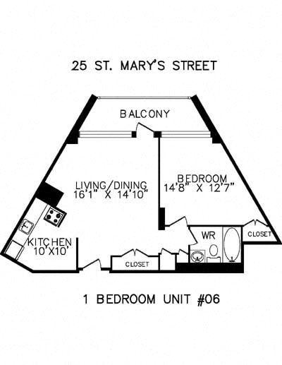 Floor plan for 1 bed, 1 bath, 522 sqft